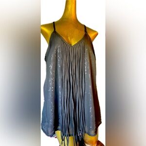Festive veiled shimmer strappy blouse with flowy tuxedo-like fringe detail